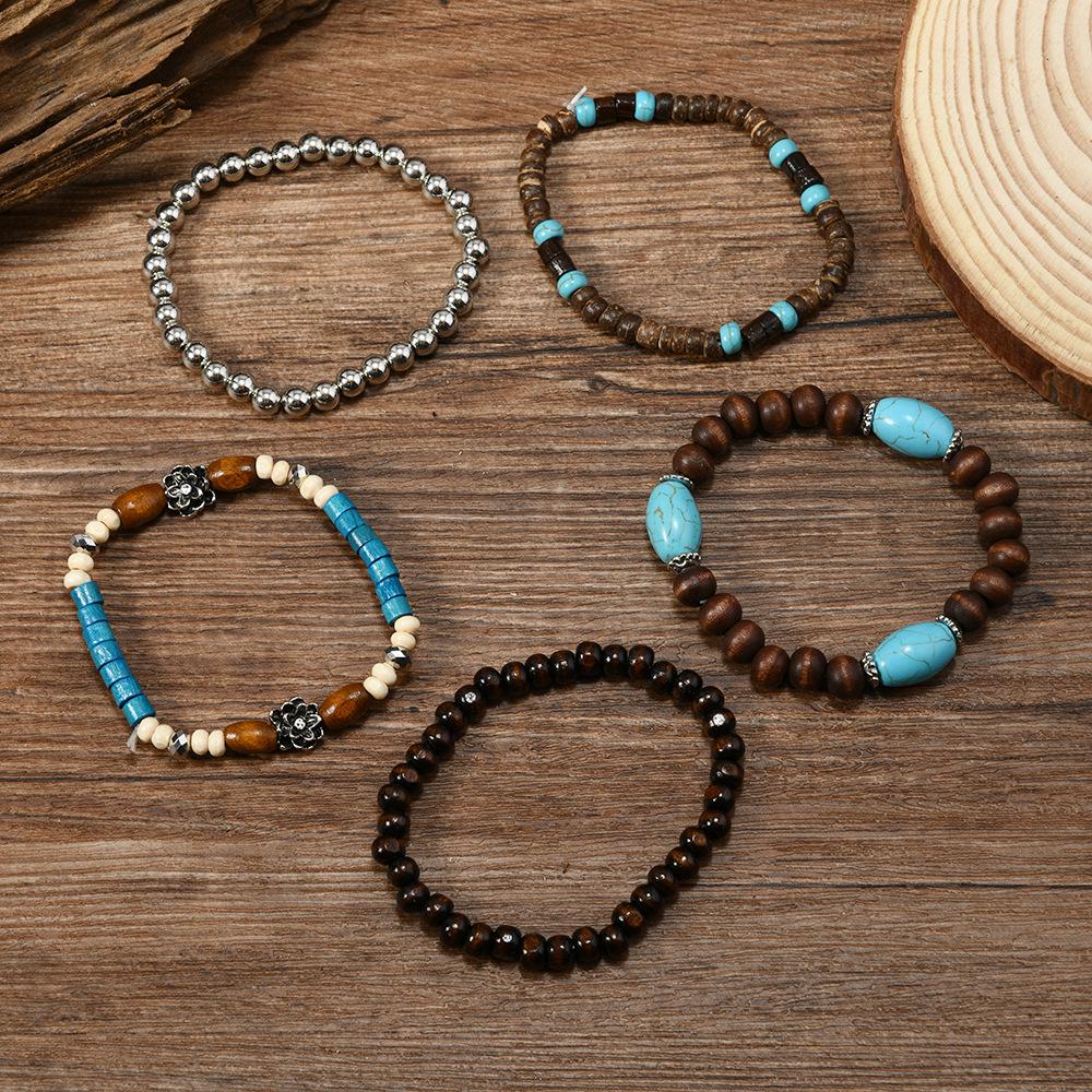 5-Piece Bohemian Wooden Bead and Turquoise Bracelet Set for Men and Women