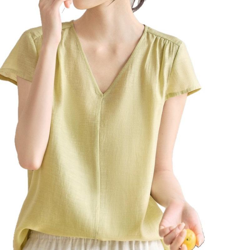 Womens V Neck Short Sleeve Solid Color Blouse