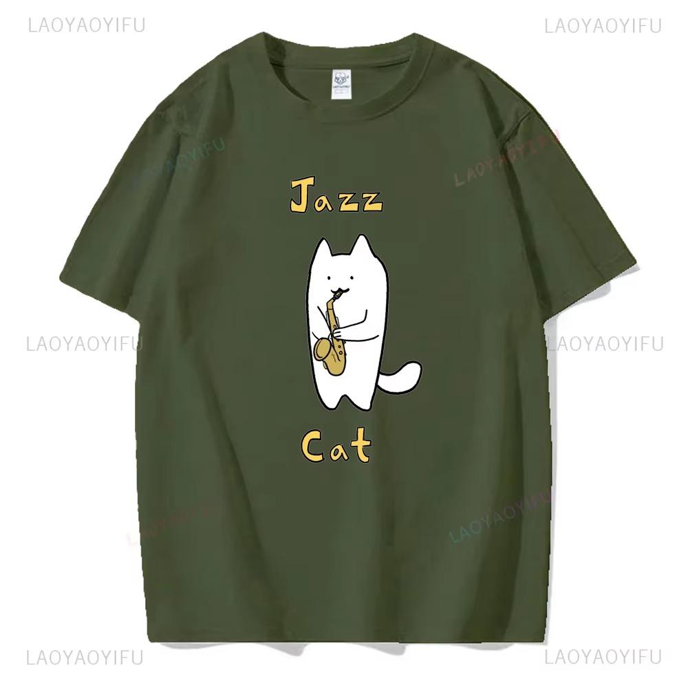 Cute Cat Plays Jazz Saxophone Graphic T Shirts Woman Man Vintage Fashion Casual Streetwear High Quality  Tee Shirt Funny
