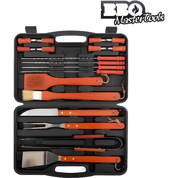 Ustensiles de barbecue - Malette 18 pièces - Acier inoxydable - Manches en bois - Couleur orange