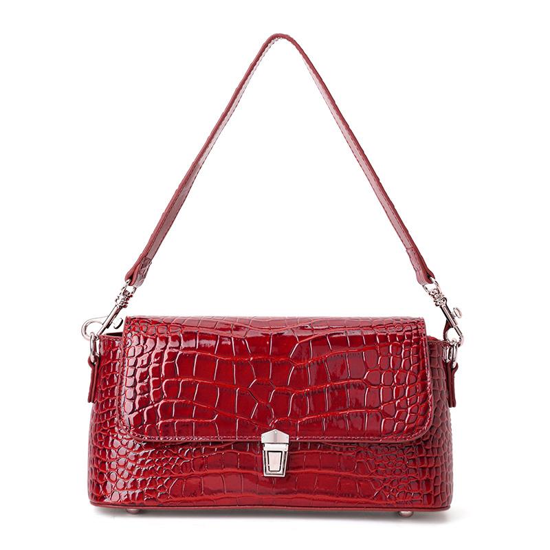 Aidrani Crocodile Pattern Brown Shoulder Bag Retro Flap Handbag with Metal Lock