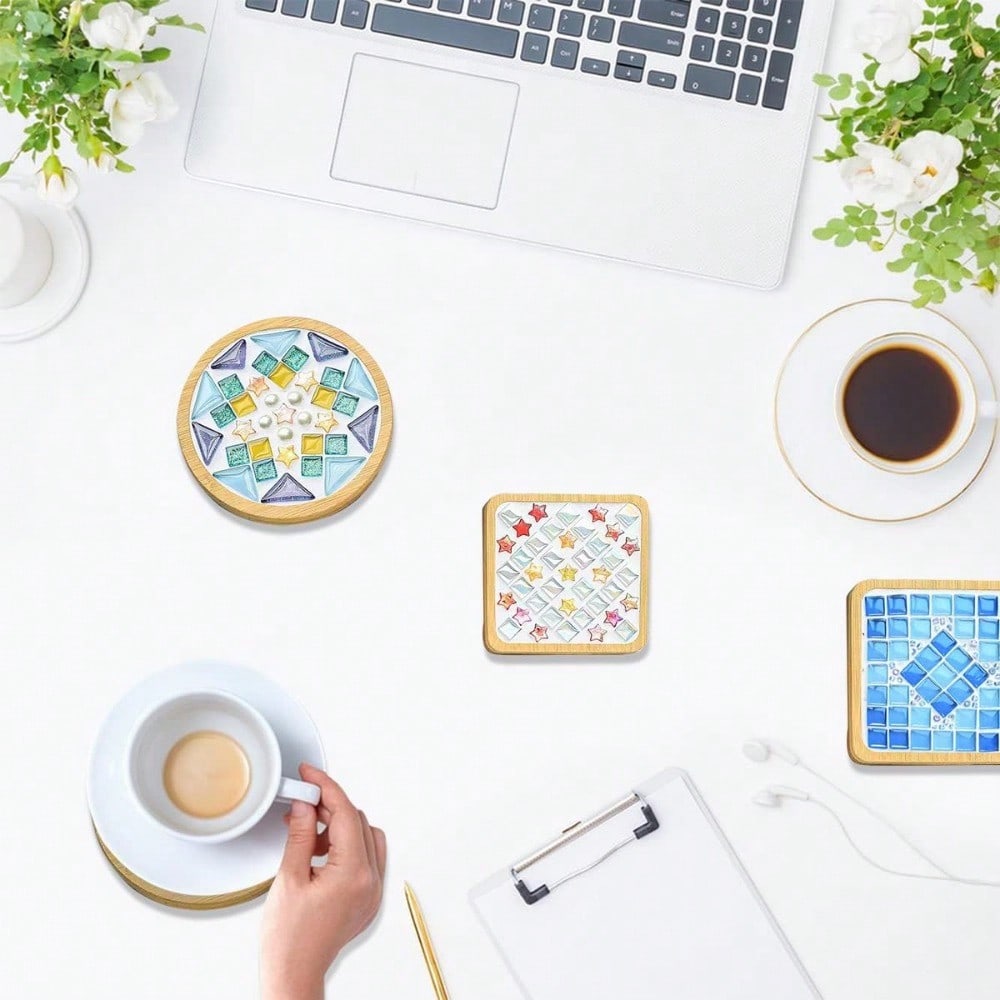 4pcs DIY Glass Mosaic Tiles for Crafts, Mixed Color Mosaic Kits with Wooden Coaster for Adults, Mosaic Crafts Materials