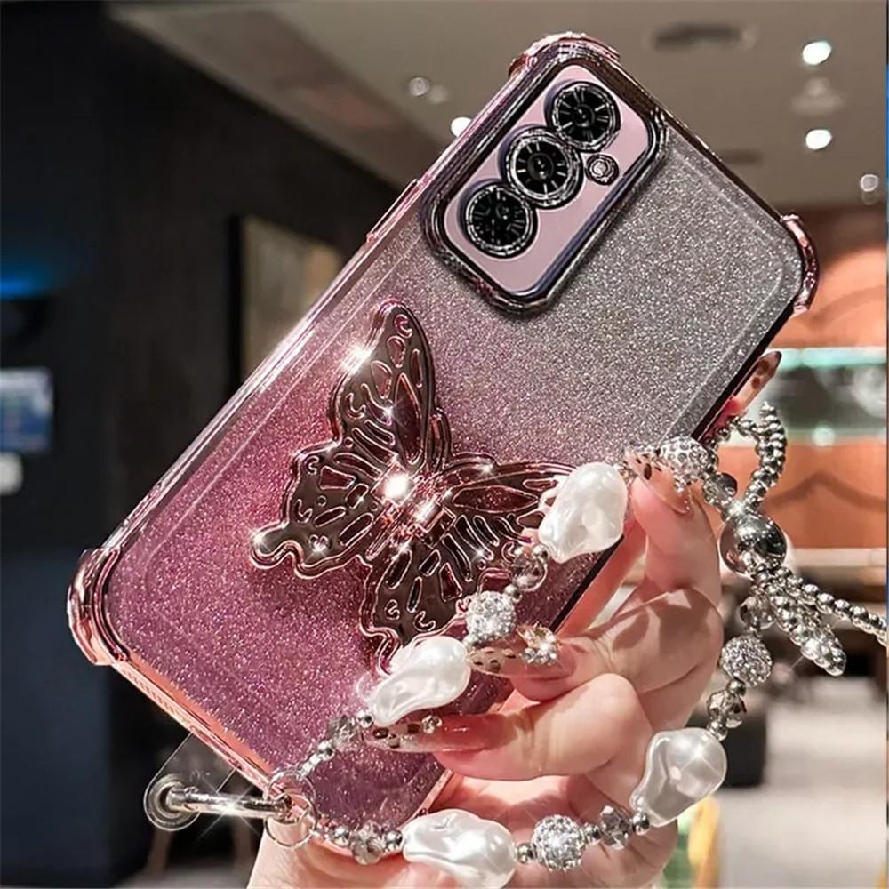 Pearl Bracelet Butterfly Holder Phone Case For Samsung A17 A07 A16 A36 A56 A15 A25 A35 A55 A14 A34 A54 Glitter Shockproof Cover