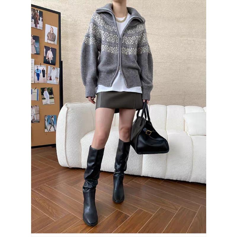 Retro Lazy Style Lapel Elegant Jacquard Ladies Cardigan, Loose Fashion Ladies Zipper Sweater Jacket 7054#