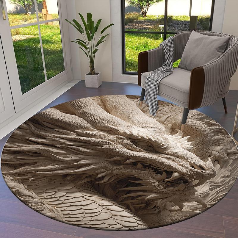 Stone Carving Leopard and Dragon Round Area Rug,Carpet Rug for Living Room Bedroom Sofa Playroom Decor,Non-slip Floor Mat