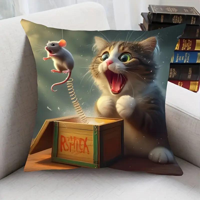 1 Stück Kissenbezug mit Traumkatze und Maus, Mittelalterliches Modernes Lustiges Cartoon-Design, Reißverschluss, Polyester Dekorative Kissenhülle Für Li
