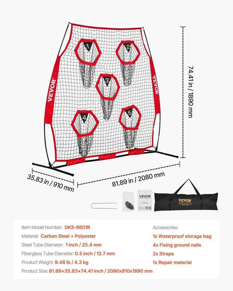 1828.8x1828.8mm Football Trainer Throwing Net, Training Throwing Target Practice Net with 5 Target Pockets, Knotless Net Includes Straps and Portable