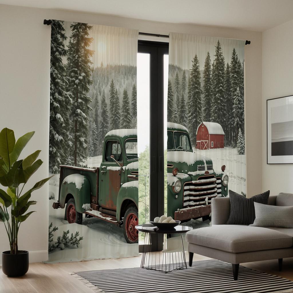 2pcs HD Pine forest truck snow view decorative curtain Green tie digital printed curtain Home Decoration style Decoration liv
