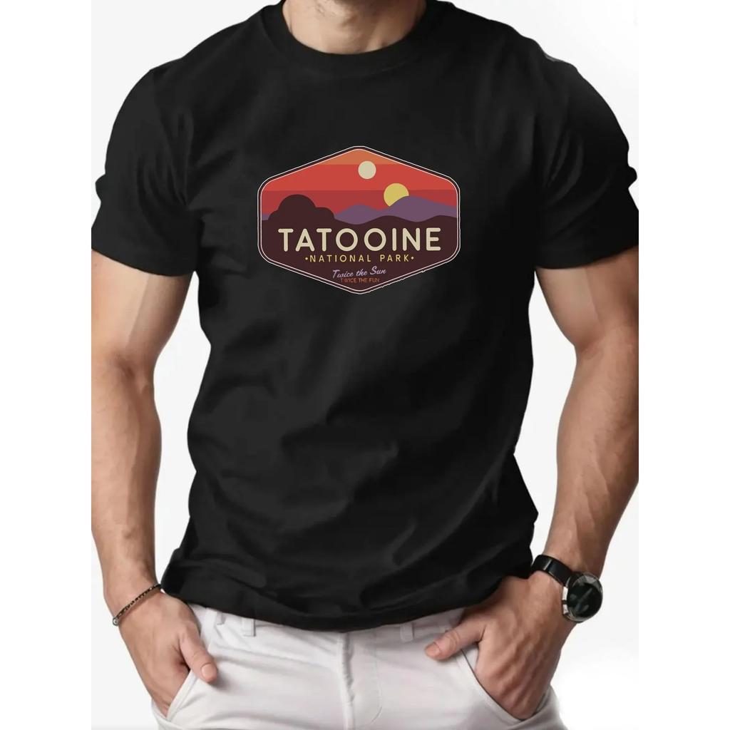 Mens Tatooine National Park Pattern Summer Tshirt Bright Casual Shortsleeved Top with Sunset Mountain View Design fashion