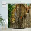 Greece Street View Shower Curtain Village Town Old Stone Brick Wall Green Plant Flowers Scenery Bathroom Decor Waterproof Screen