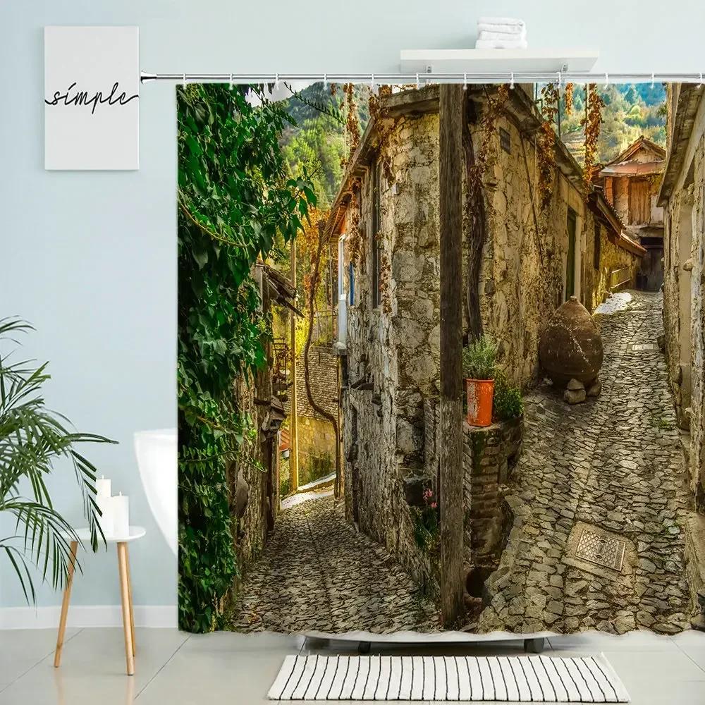 Greece Street View Shower Curtain Village Town Old Stone Brick Wall Green Plant Flowers Scenery Bathroom Decor Waterproof Screen