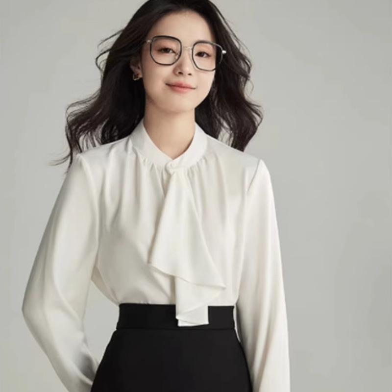 Womens Simple Elegant French Style Tie Neck Long Sleeve Office Commute Shirt S белый
