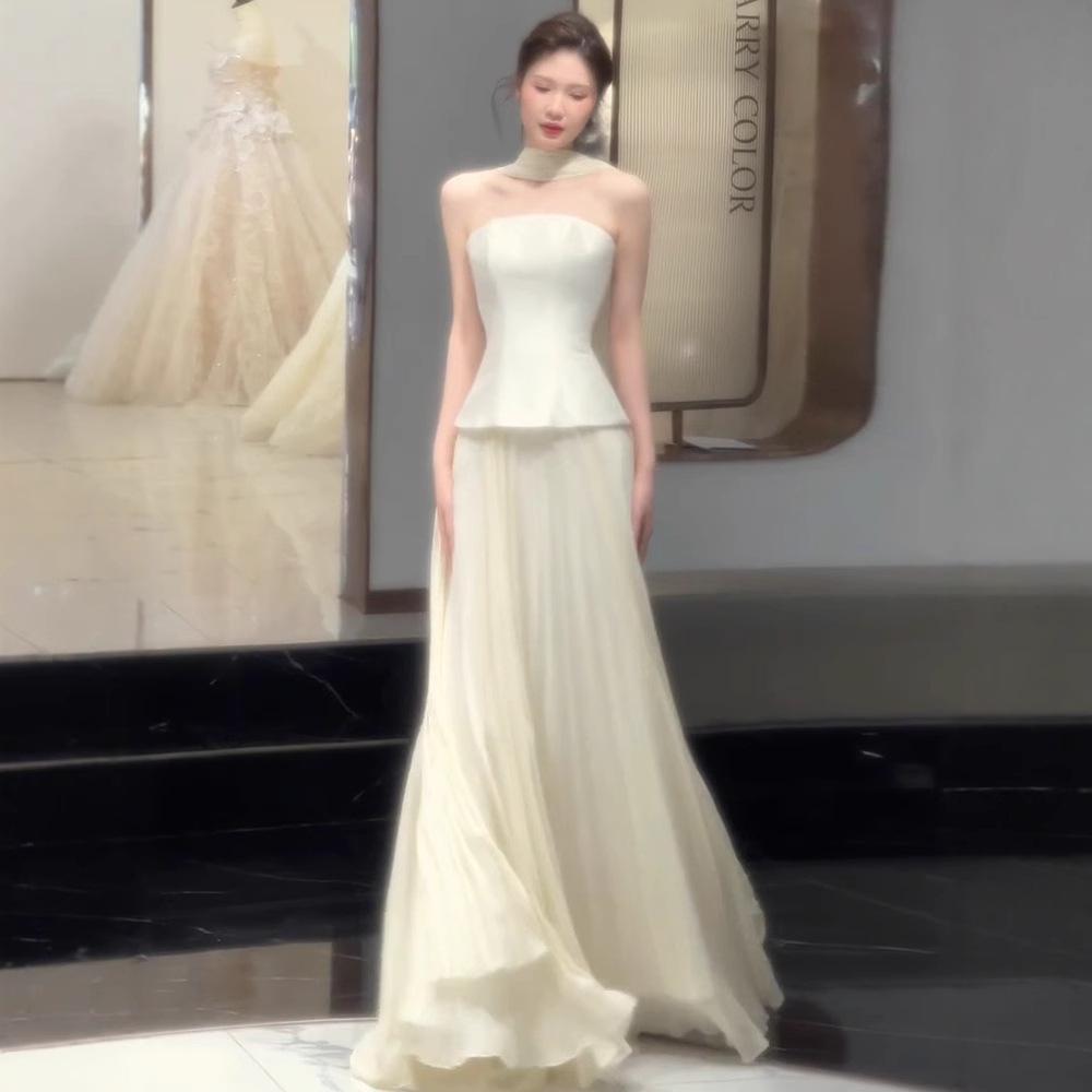 French tube top bridal engagement dress 1011 new sleeveless Mori simple satin dress travel photo light wedding dress