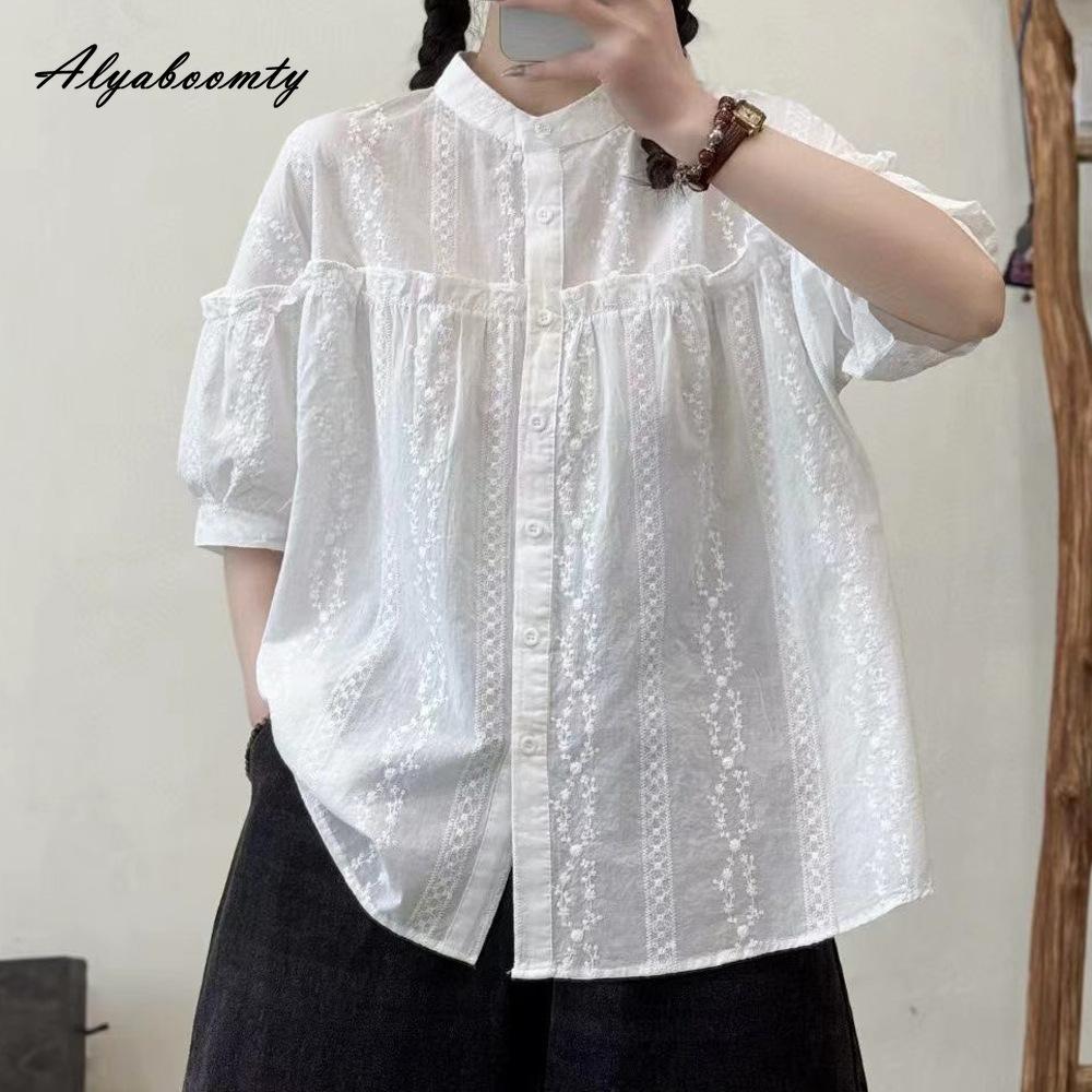 Korean Style Summer Women Oversized Blouse Stand Collar Cotton Embroidery White Shirt Half Sleeve Baggy Casual Loose Ladies' Shirt