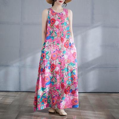 Sem mangas plus size algodão vintage floral novo em vestidos para mulheres casual solto longo vestido de verão