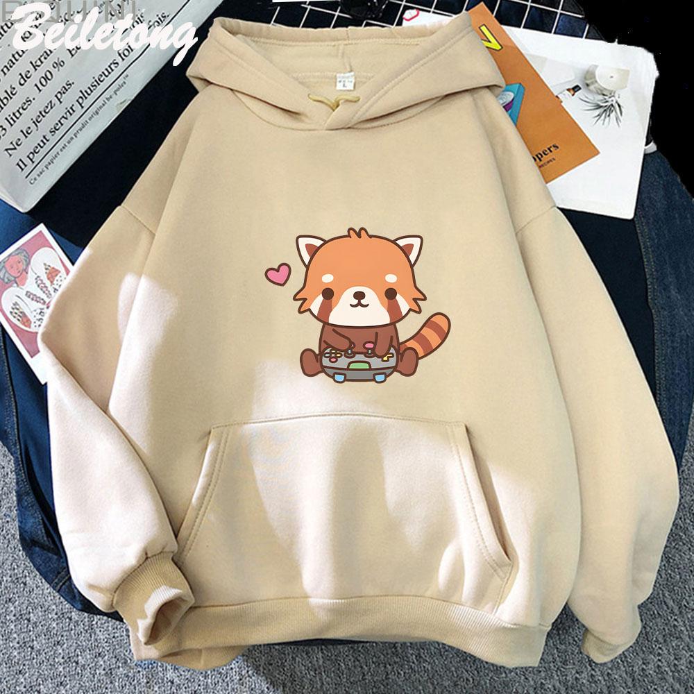 Anime Cute Little Red Panda Playing Video Hoodie for Men Women Casaul Loose Sports Hooded Sweatshirts Unisex Y2k Clothes Tops