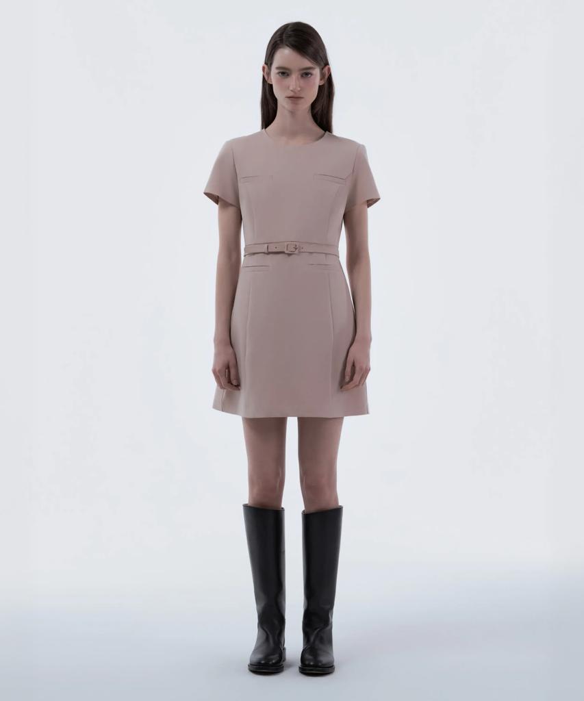 Mausolleum Belted Round Neck Suit Dress - Pink