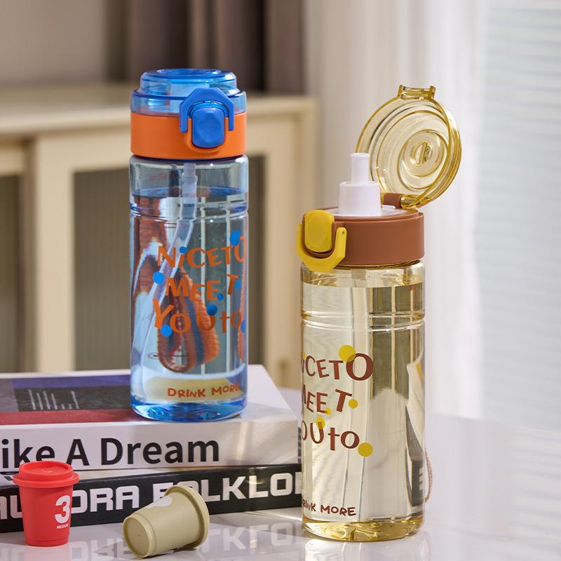 Water bottle student portable water cup high value children's outdoor sports plastic cup bounce cover straw cup men and women easy cup