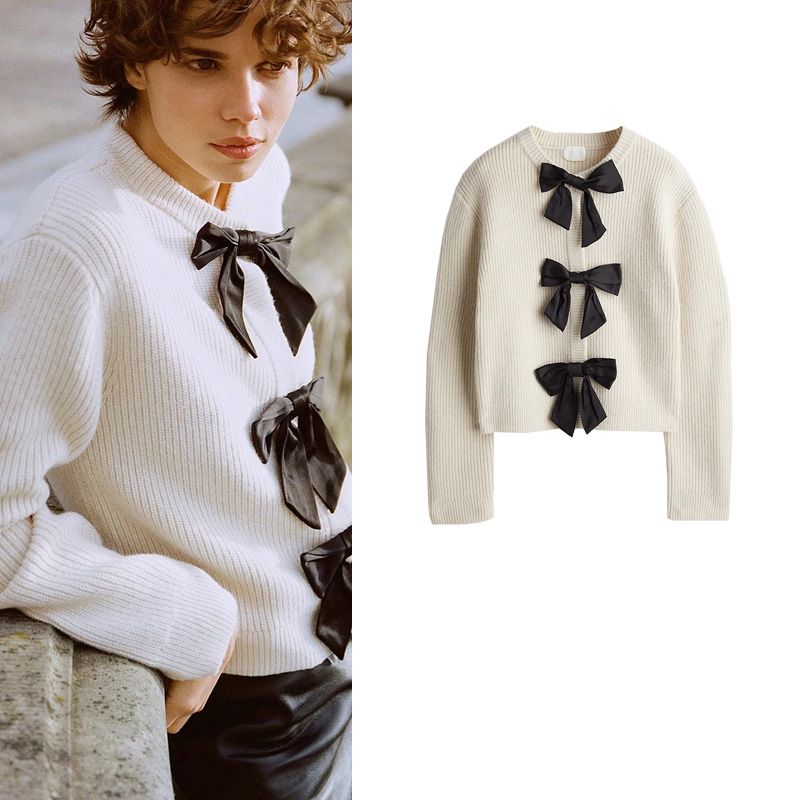 Spring New Women's Bows Shoelace Sweater Cardigan Plaid Soft Round Neck Knitting Outwear 1255053