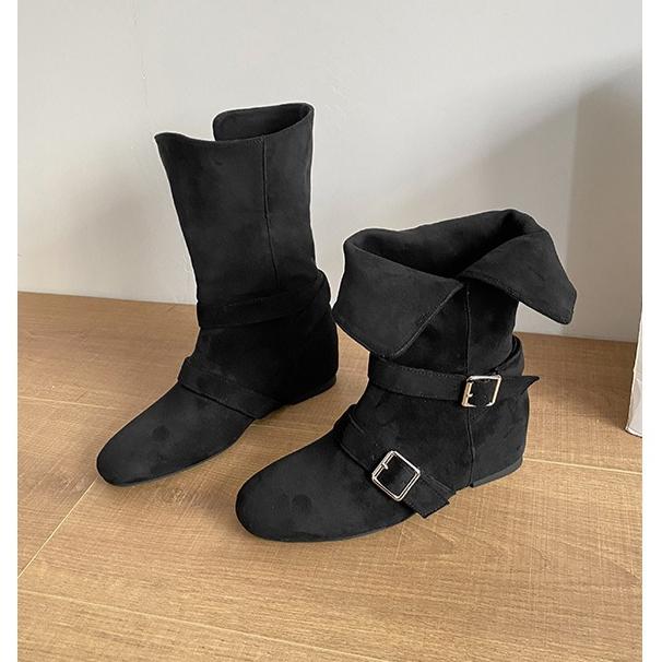 Fashion Seoul Inspired round Toe Motorcycle Boots Women Metal Bule Velvet Surface Knight Sle Mid-Calf Flat Heel Booties Hight Top Shoes