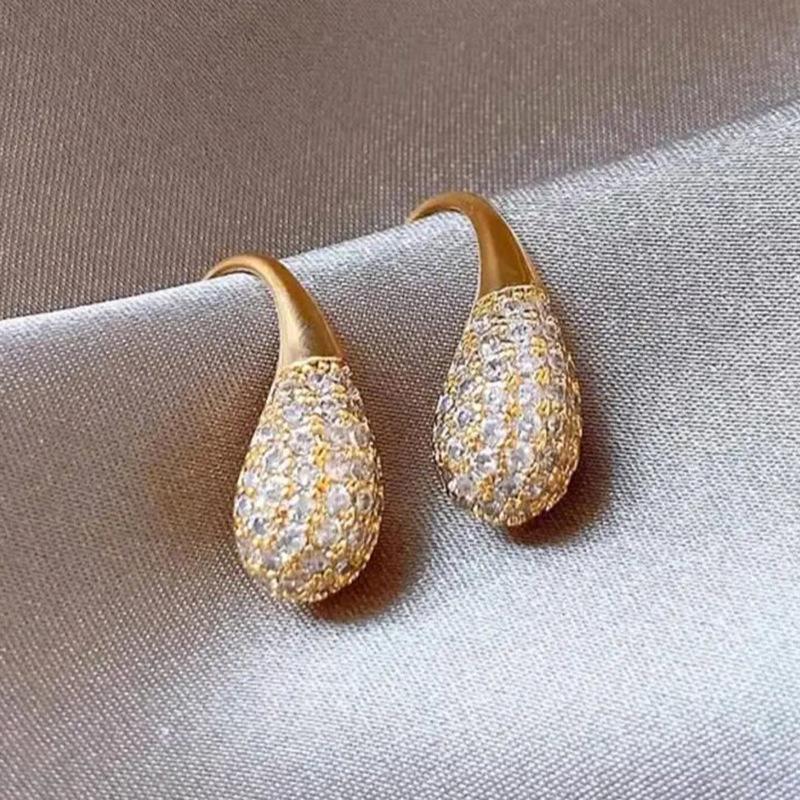 Solid Teardrop Shape Fully Paved Round Cubic Zirconia Hook Dangle Earrings Gold Tone Curved Wire Elegant Daily Ladies Accessories