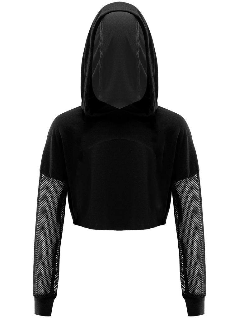 Kids Girls Long Sleeve Fishnet Cropped Hoodie Sheer Mesh Pullover Hooded Cover Up Dance Crop Top