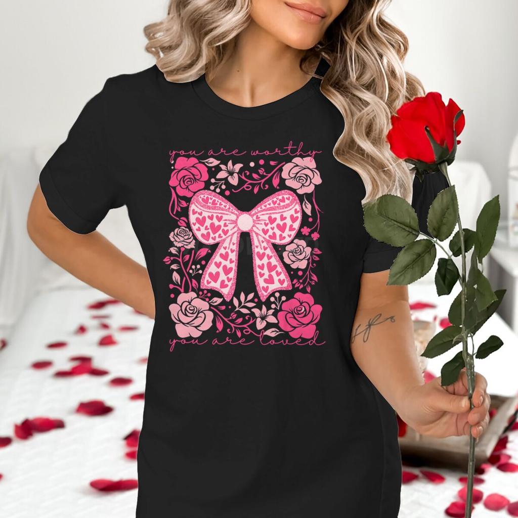 Valentines Day Heart Coquette Bow T Shirts for Women Retro Valentine Short Sleeve Tee Shirt Retro Flower Valentines Casual Tops