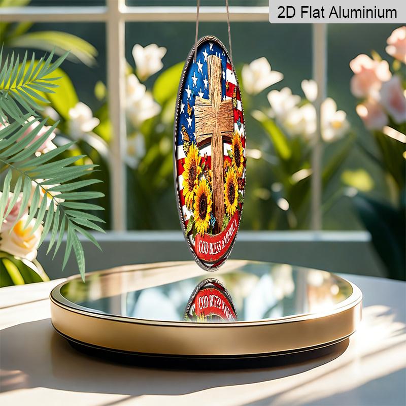 Retro Round Aluminum Wall Decor, American Independence Day Cross & Sunflower Design, Indoor Outdoor Hanging Plaque, Christian Commemorative Gift