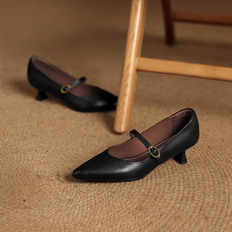 Krazing Pot Sheepskin Autumn Winter Shoes Thin Med Heels Size 43 Size 42 Pointed Toe Buckle Straps Shallow Pumps