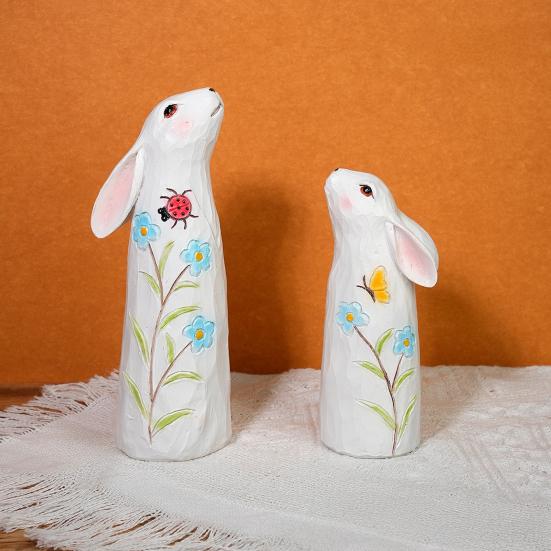 1 Pair Easter Bunny Figurine Carving Flower Butterfly Ladybird Rabbit Statue Animal Sculpture Holiday Party Desktop Decoration Ornament