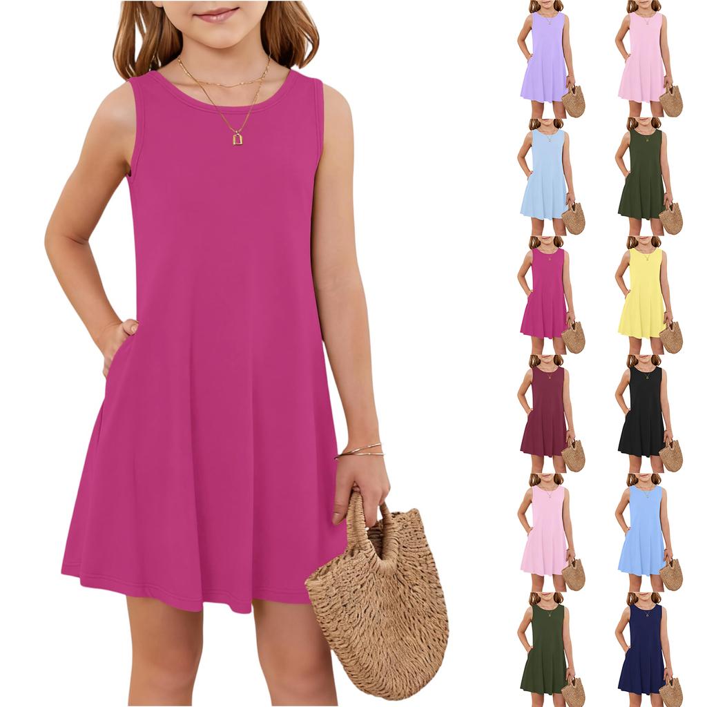 Girl Summer Dress Sleeveless Printed Color Casual Dress With Pocket