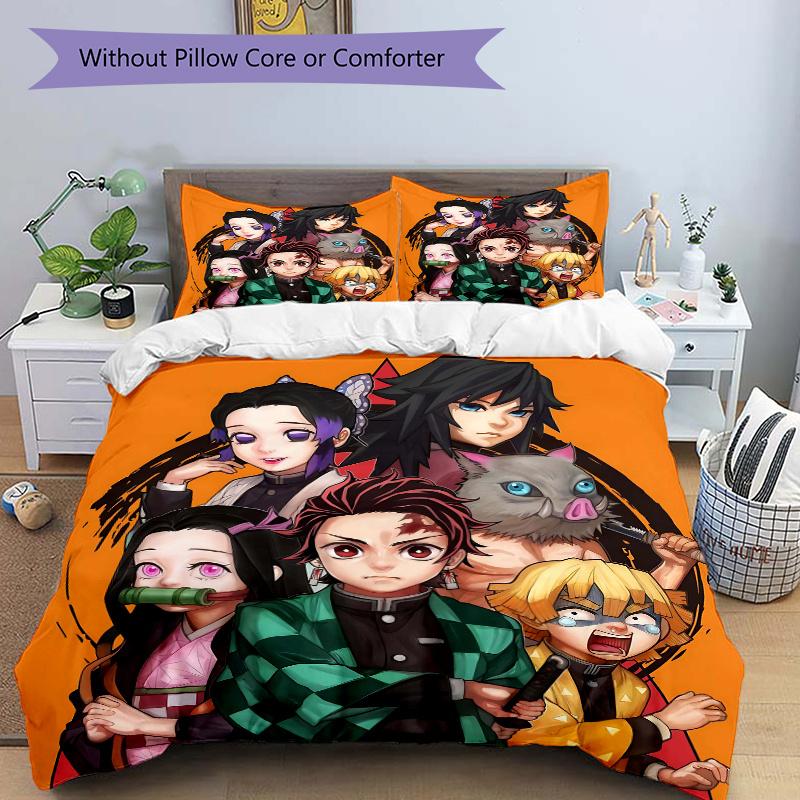 3pcs Demon Slayer Printed Quilt Set - Includes 1 Quilt Cover and 2 Pillowcases, Machine Washable - Suitable for All Seasons.L035