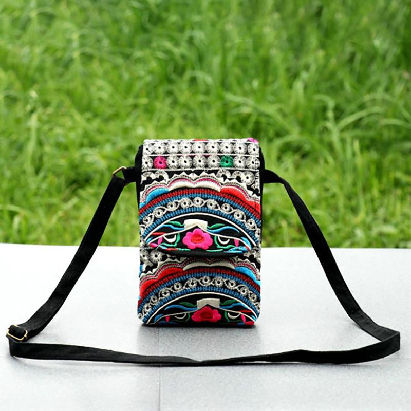 2025 New Ethnic Embroidered Canvas Crossbody Bag Embroidered Two-Layer Mobile Phone Bag Coin Purse