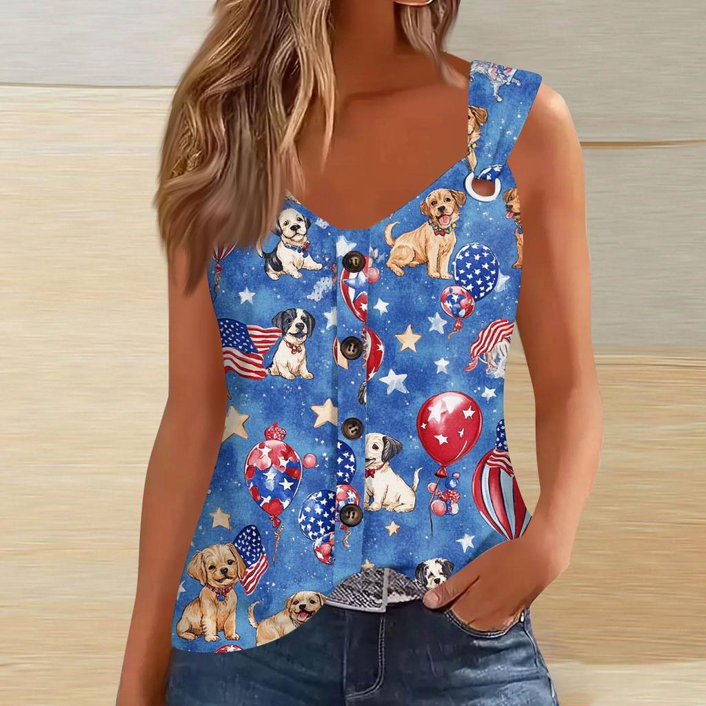 Women's Fashion Casual Loose Sleeveless Buttoned V-Neck Independence Day Printed T-Shirt Top