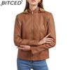 BITCED Plus Size Fleece-Lined Women's Leather Jacket with Hood Autumn/Winter Short Coat Warm Casual Jacket
