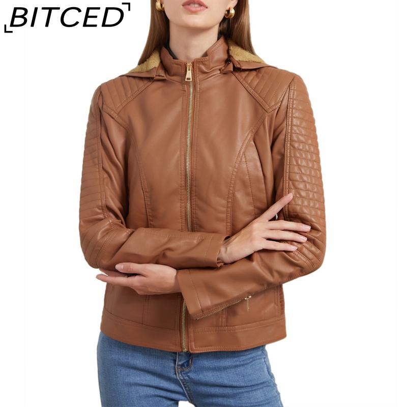 BITCED Plus Size Fleece-Lined Women's Leather Jacket with Hood Autumn/Winter Short Coat Warm Casual Jacket