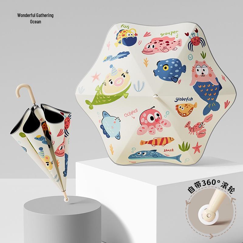 Children's Rounded Corner Umbrella: Long Handle, Automatic, Double Layer, Black Glue—Perfect for Sun and Rain.