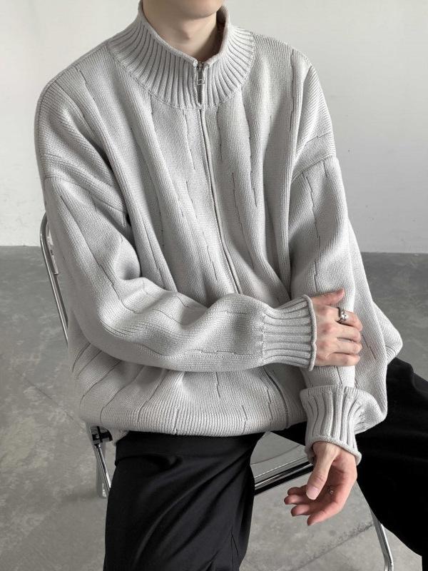 Men's Solid Color Zipper Cardigan Sweater - Autumn & Winter Loose Knit Outerwear