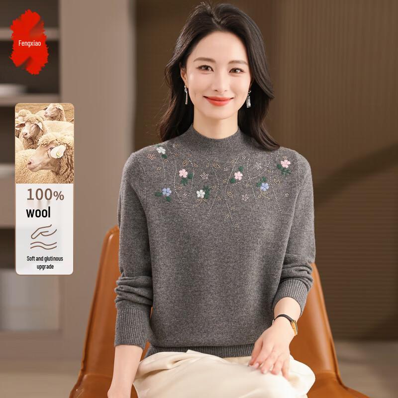 

Fengxiao Women s 100% Wool Mock Neck Embroidered Sweater 2XL