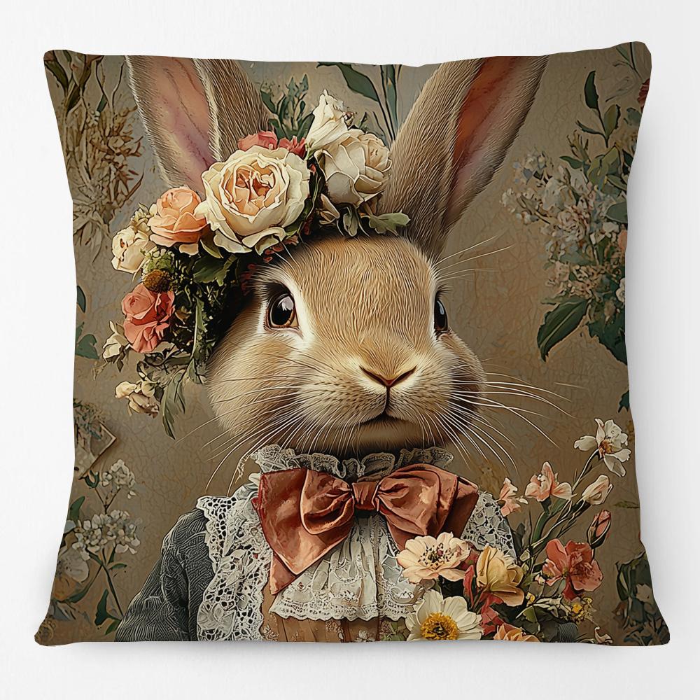 Vintage Easter Girl Cushion Cover Victorian Rabbit Bunny Portrait Print Decorative Pillow Case