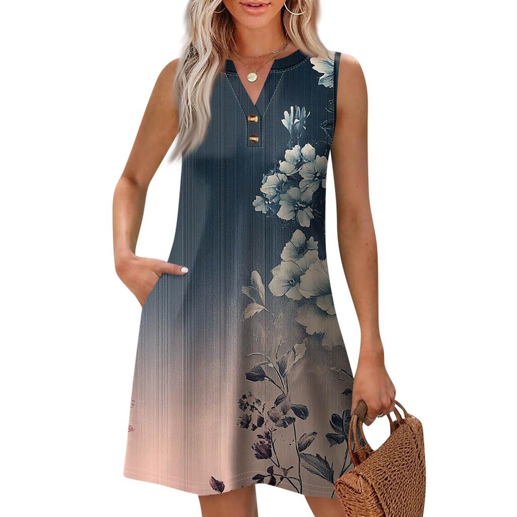 Women's Fashion Casual Printed V-Neck Button With Pocket Vest Sleeveless Dresses