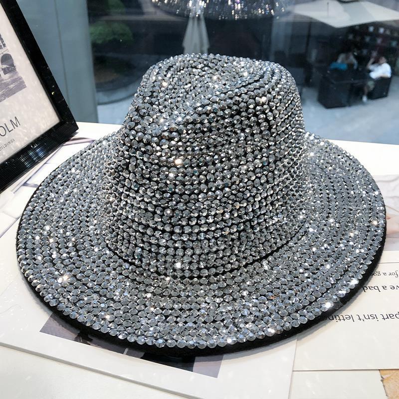 

Women s Autumn Winter Rhinestone Elegant Jazz Hat Men s British Retro Versatile Diamond Inlaid Woolen Top Hat Adult 56-58cm
