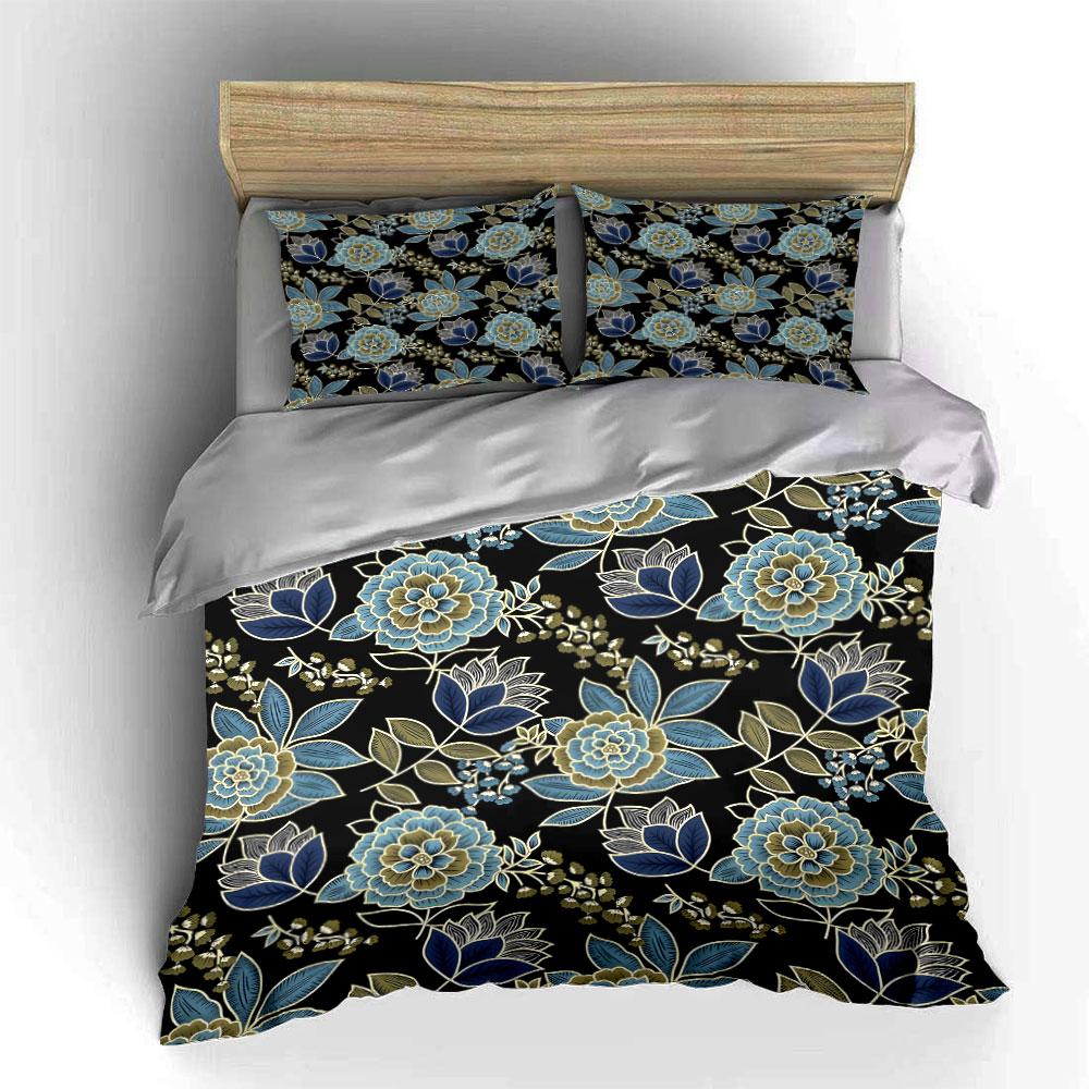 Floral Pattern with Blue and Gold Leaves Print Bedding Set 1 Duvet Cover 2 Pillowcases for Adult and Children Luxury Gift