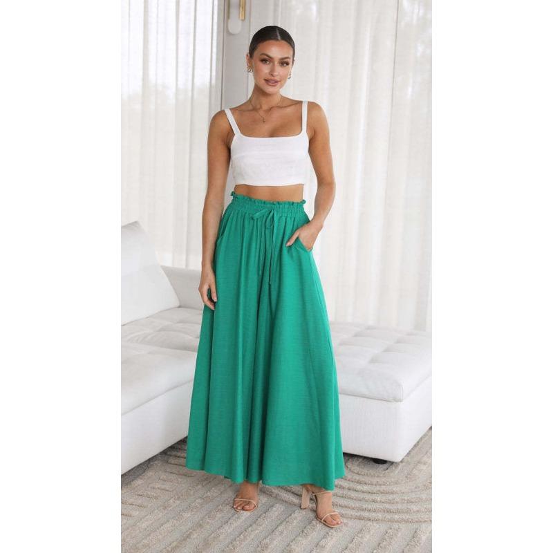 

Women s High Waist Wide Leg Pants Casual Elastic Waist Drawstring Palazzo Trousers with Pockets S зелёный