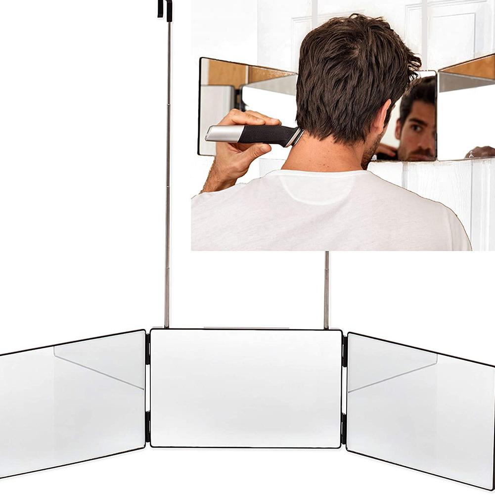 Three sided Folding Makeup Mirror Retractable Hanging Adjustable Height Portable Shaving Hairdressing Mirror Black