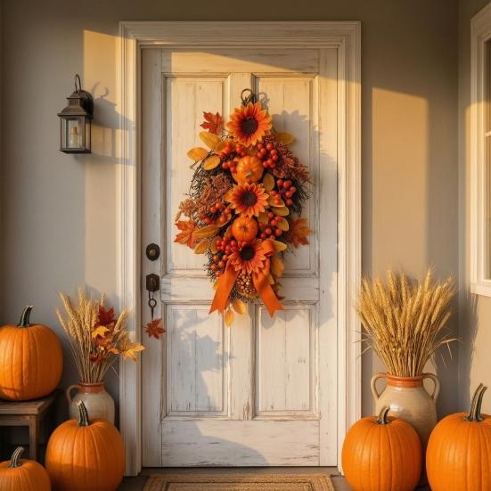 Reusable Autumn Harvest Ornament Fall Sunflower Swags Wreath, Maple Leaves And Berries Hanging Decor Artificial Wreath for Front Door Seasonal