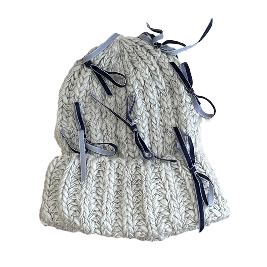 Delicate Velvet Bowknot Beanie Adult Elastic Hat Winter Warmer Knitted Hat Cold Winter Presents for Students Teenagers