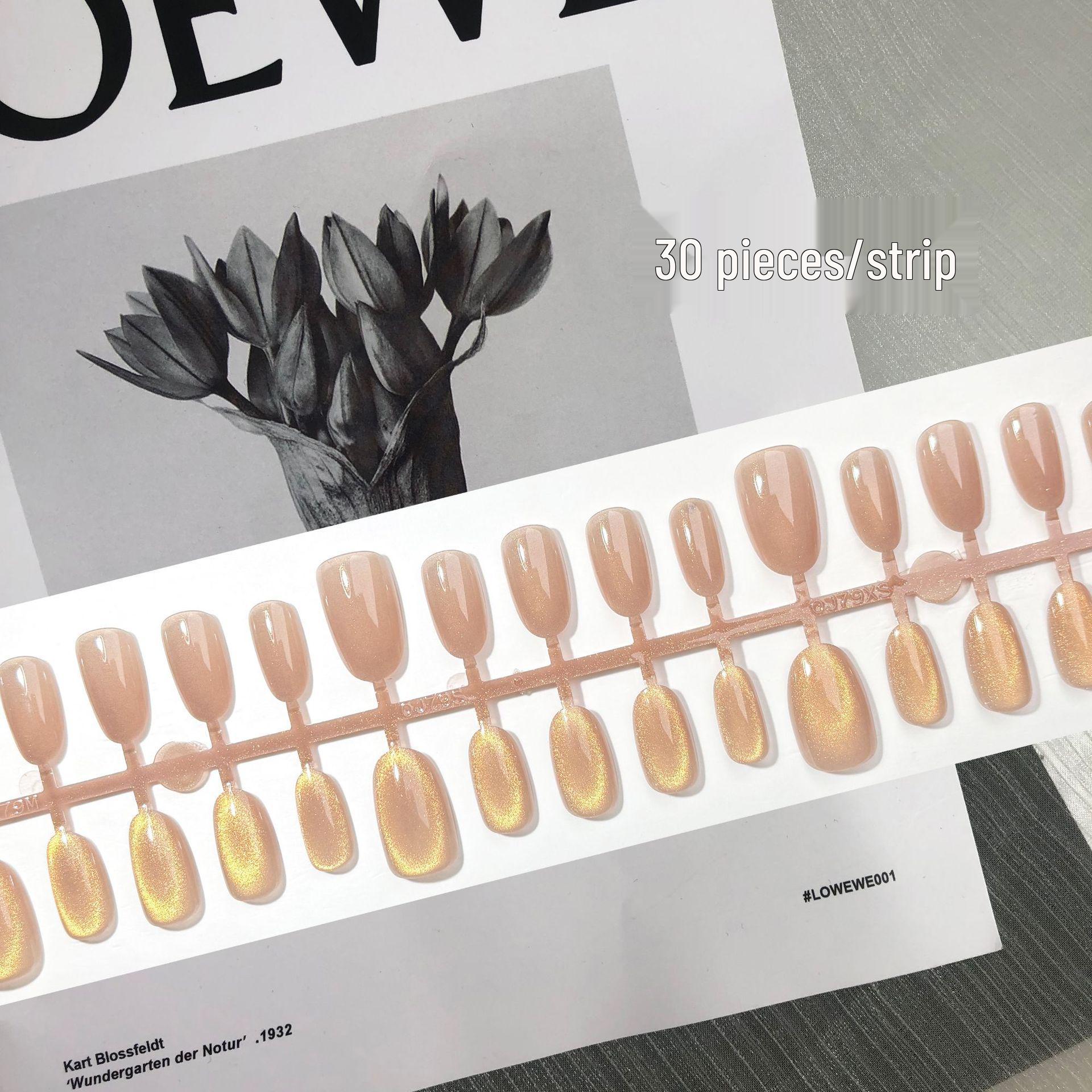 

Глубокий нюдовый золотой глиттер кошачий глаз накладные ногти со стразами в виде морской звезды - Короткий овал, Полуручная работа, 30 штук