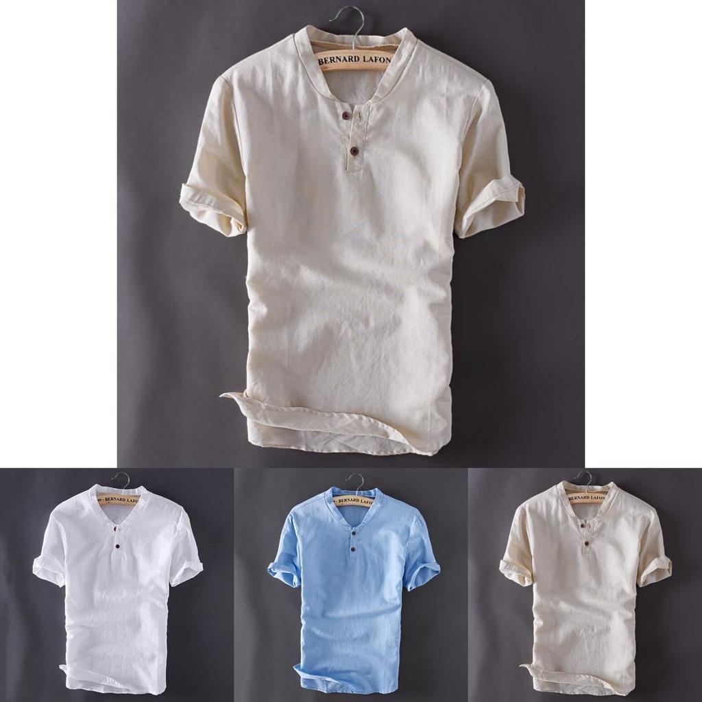 Premium Quality Usa Men's Pullover Linen Short Sleeves Shirts In Solid Cotton Fabric