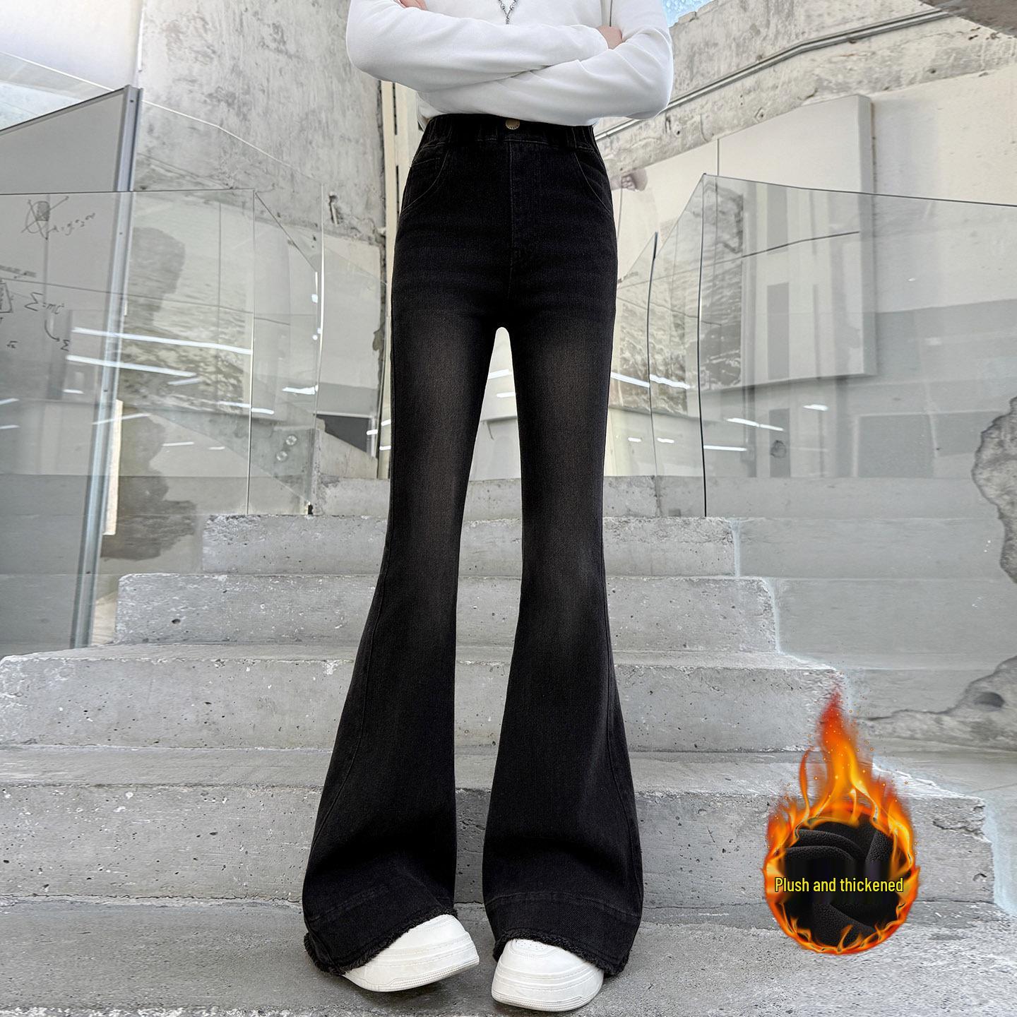 

Зимові 2025 Дівчачі стрейчеві джинси-кльош на флісовій підкладці - Теплі, товсті та повсякденні для великих дітей 160 cm